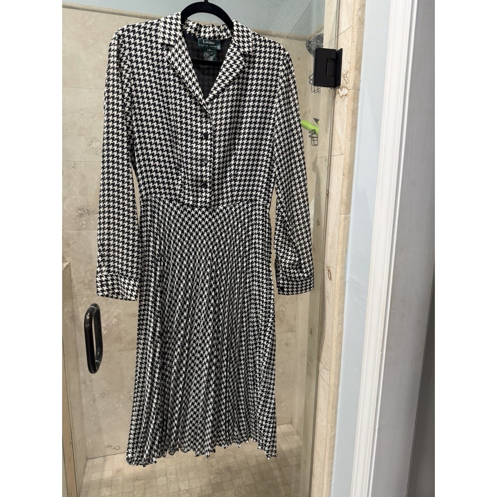 Lauren Ralph Lauren Midi Houndstooth Dress Pleated Swing Skirt Black Ivory 8